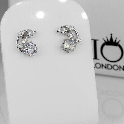 925 Sterling Silver Crescent Moon Star Cz Earrings Studs Gift Boxed - Rios London
