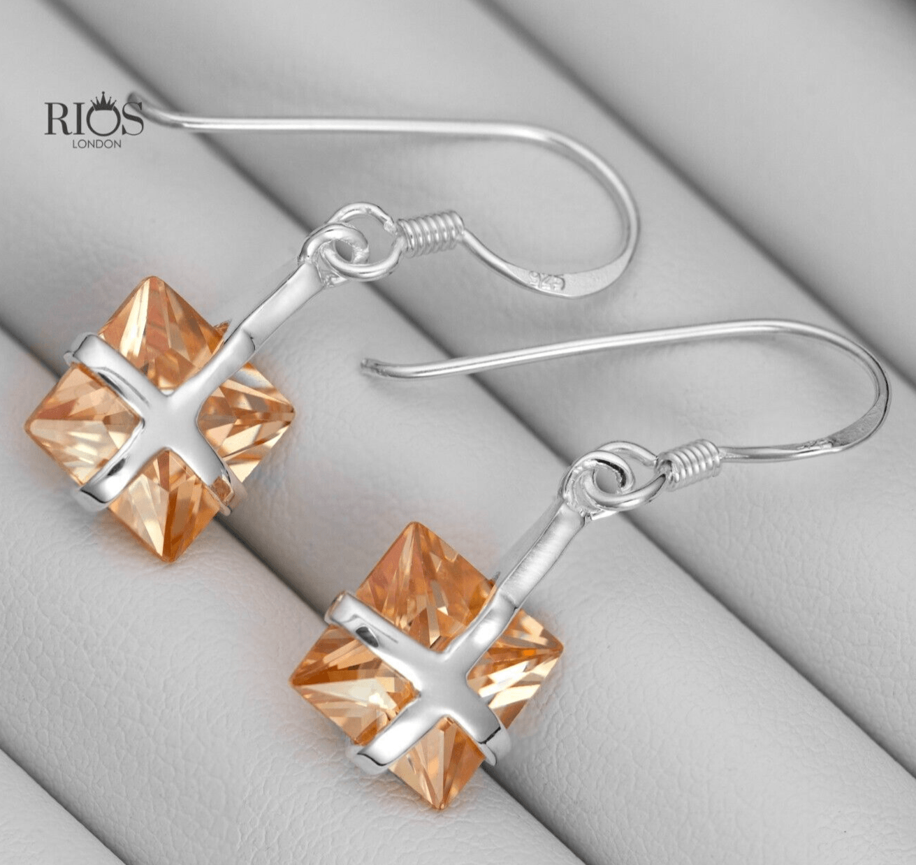 925 Sterling Silver Dangle Square Cushion Lab-Created Citrine Earrings Boxed - Rios London