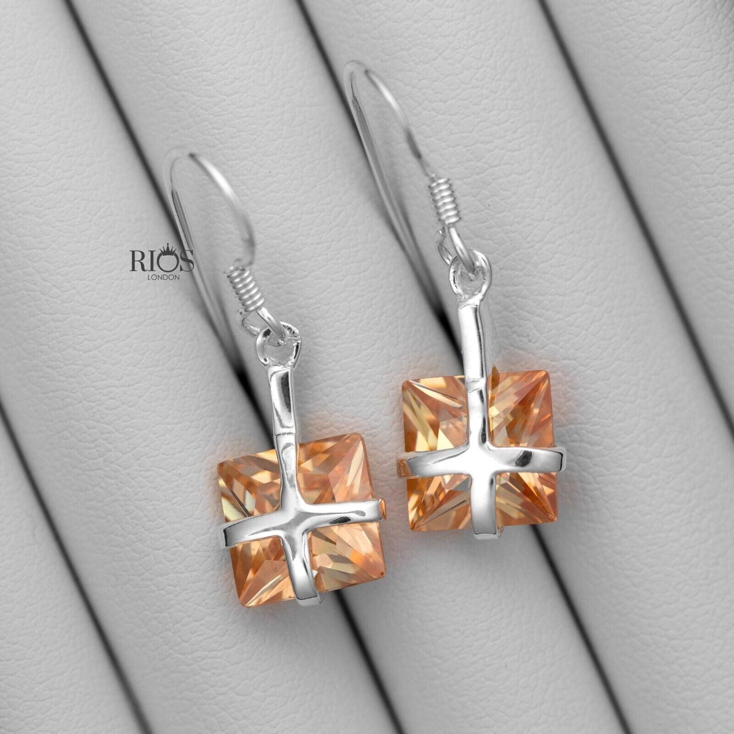 925 Sterling Silver Dangle Square Cushion Lab-Created Citrine Earrings Boxed - Rios London