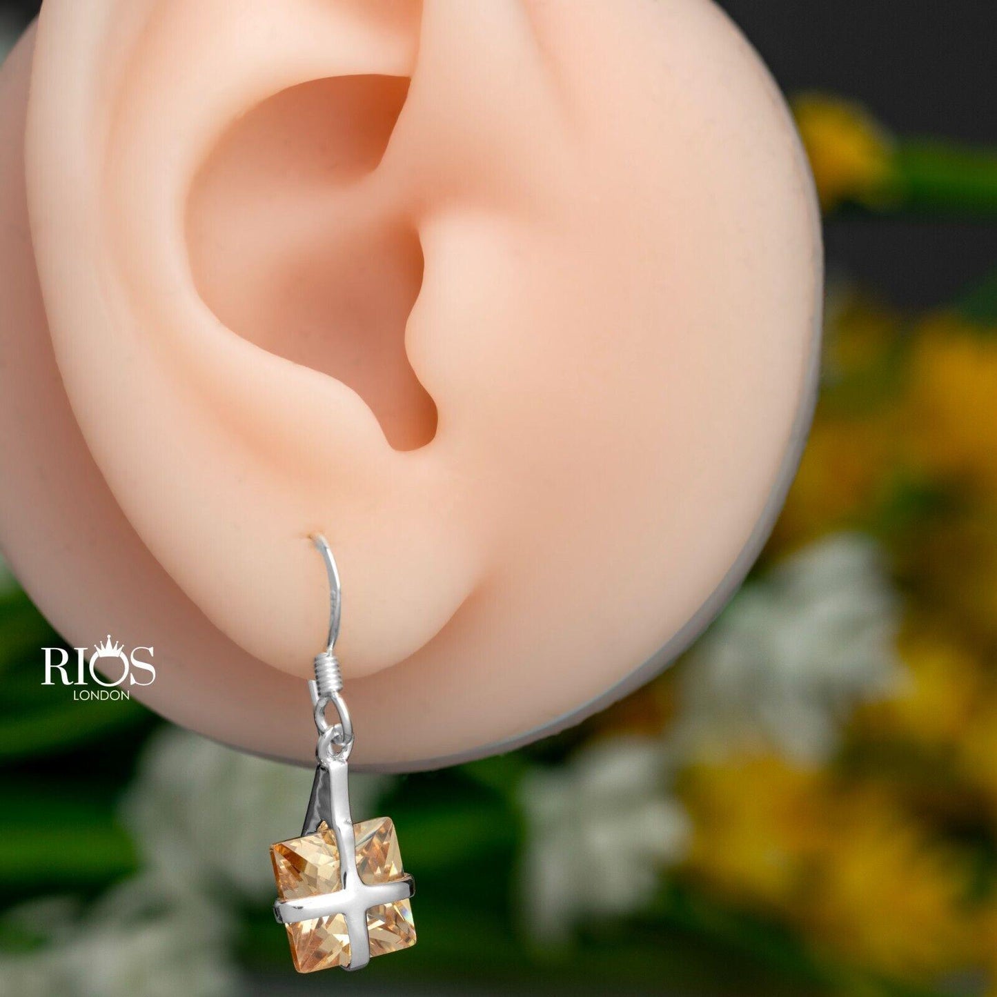 925 Sterling Silver Dangle Square Cushion Lab-Created Citrine Earrings Boxed - Rios London