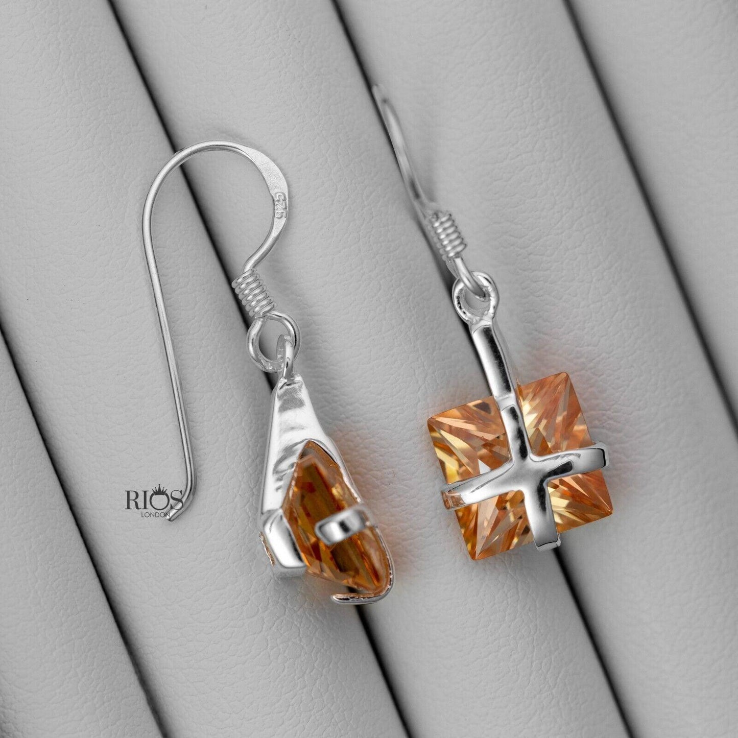 925 Sterling Silver Dangle Square Cushion Lab-Created Citrine Earrings Boxed - Rios London