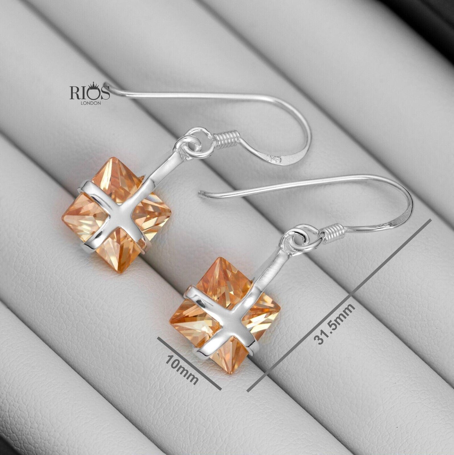 925 Sterling Silver Dangle Square Cushion Lab-Created Citrine Earrings Boxed - Rios London