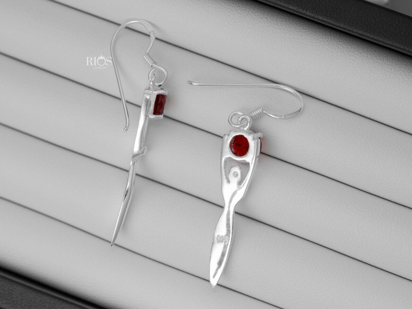 925 Sterling Silver Drop Dangle Lady Sculpture Garnet Lab-Created Earrings Boxed - Rios London