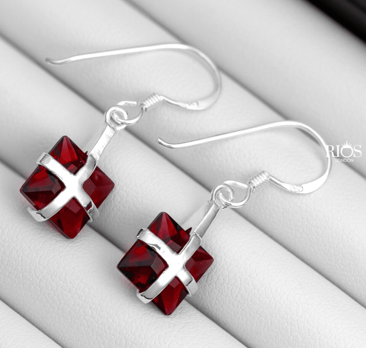 925 Sterling Silver Drop Dangle Square Cushion Lab-Created Garnet Earrings Boxed - Rios London
