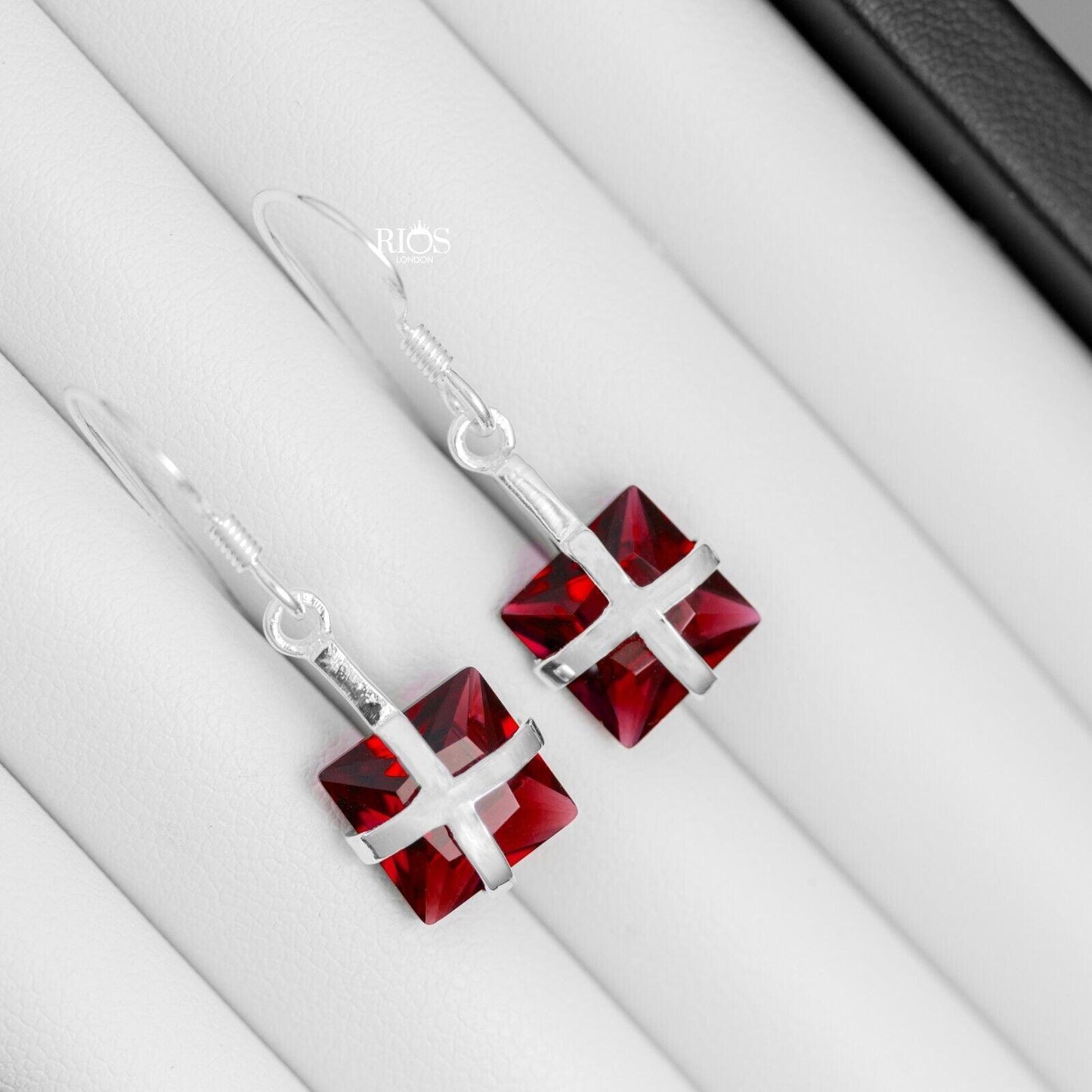 925 Sterling Silver Drop Dangle Square Cushion Lab-Created Garnet Earrings Boxed - Rios London