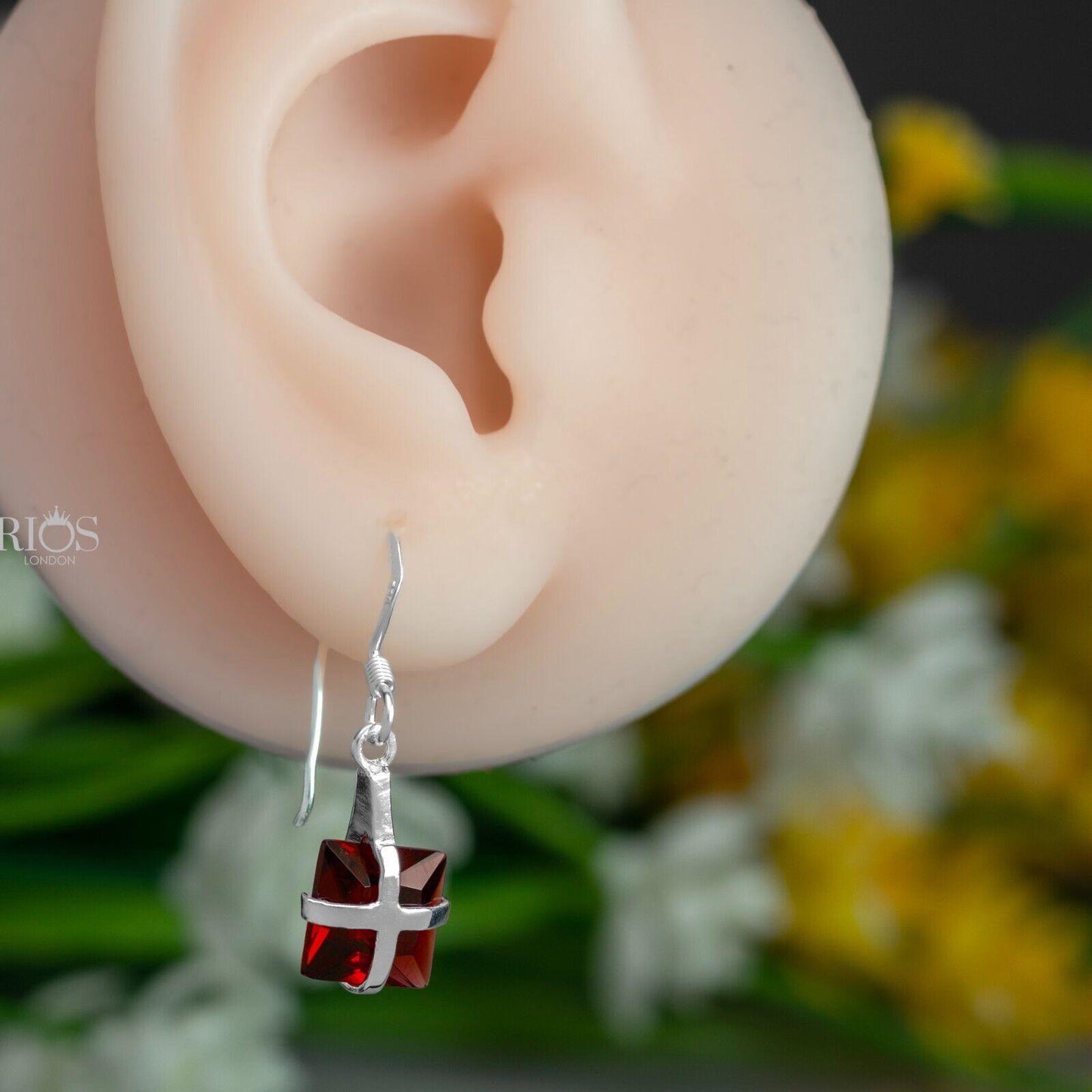 925 Sterling Silver Drop Dangle Square Cushion Lab-Created Garnet Earrings Boxed - Rios London