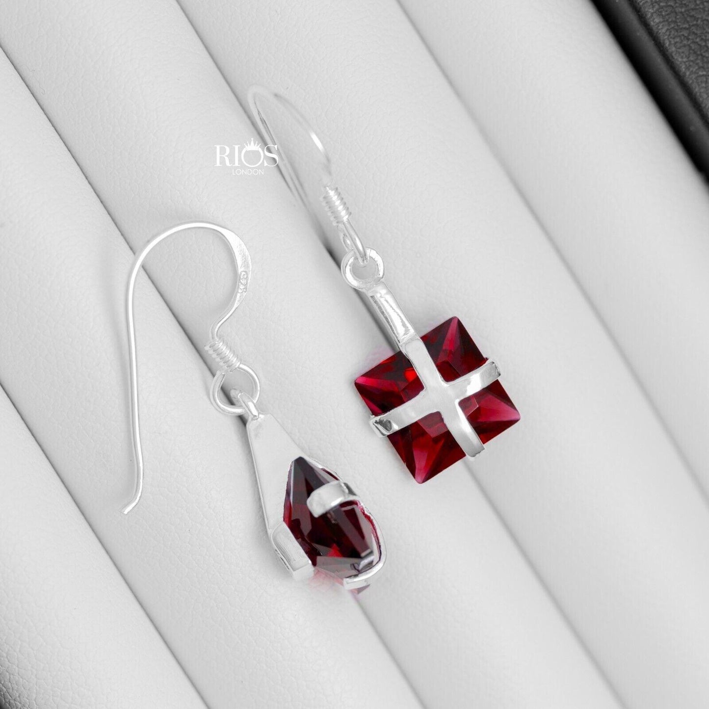 925 Sterling Silver Drop Dangle Square Cushion Lab-Created Garnet Earrings Boxed - Rios London