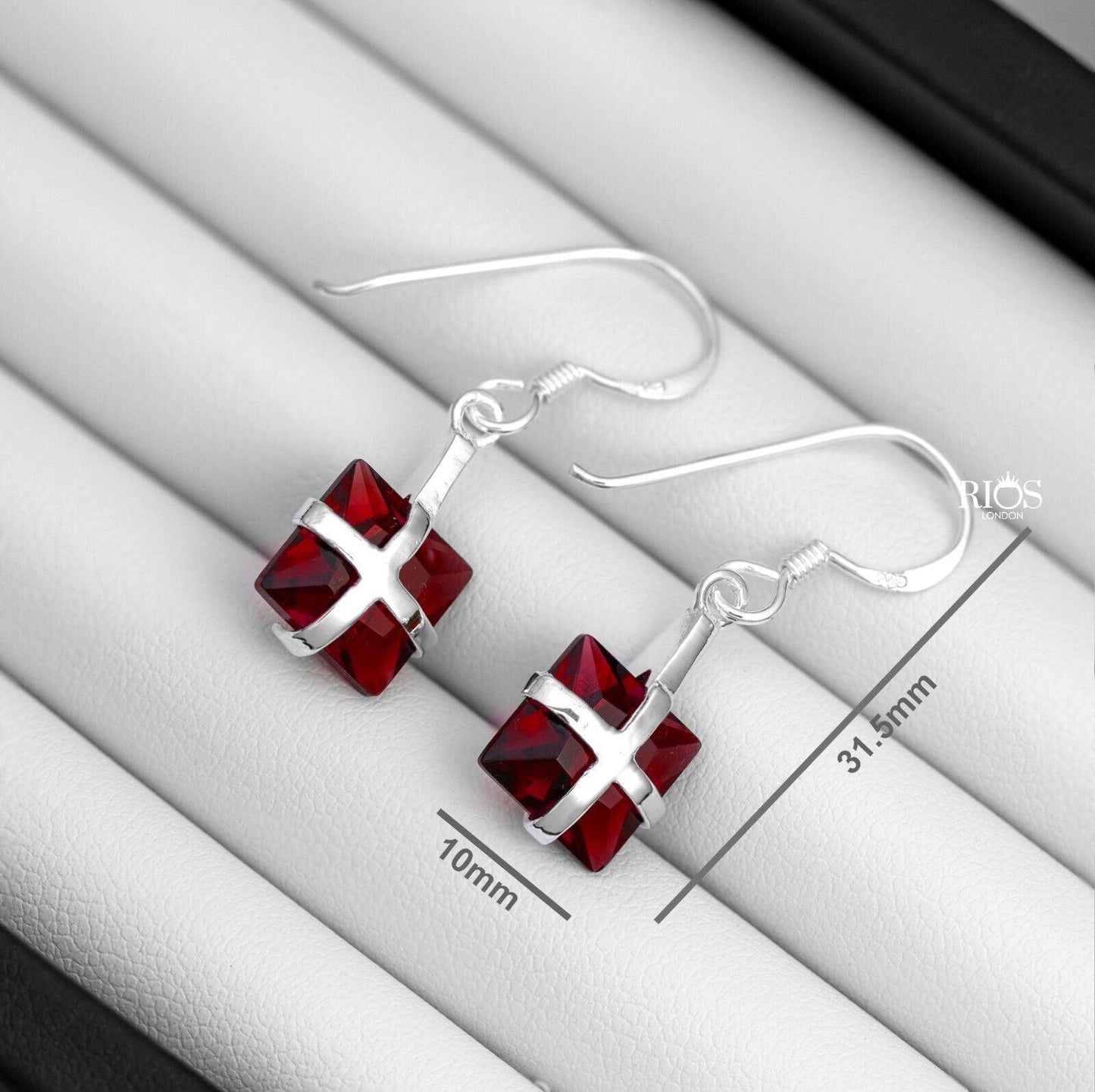 925 Sterling Silver Drop Dangle Square Cushion Lab-Created Garnet Earrings Boxed - Rios London