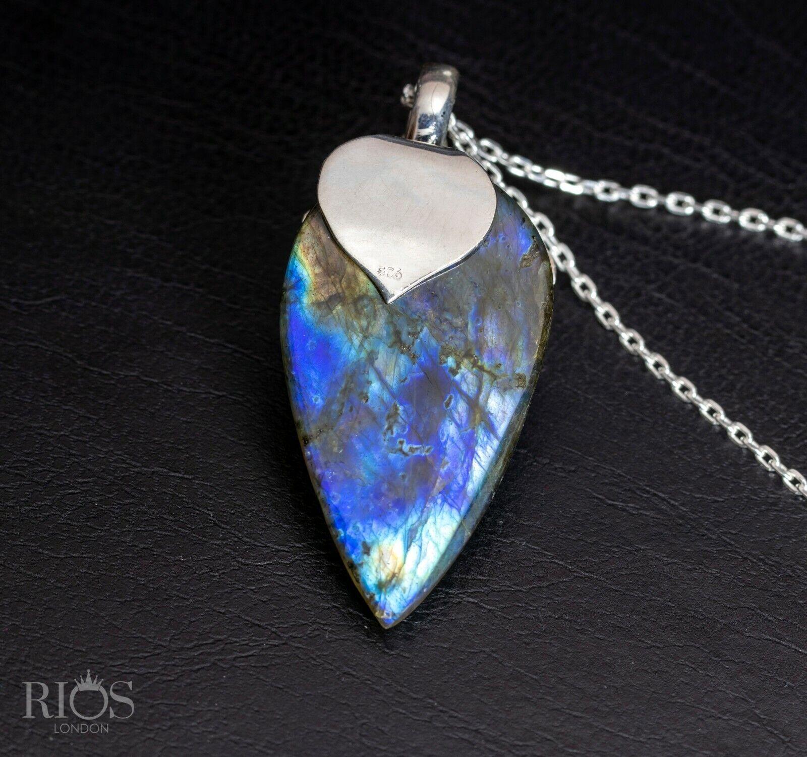 925 Sterling Silver Elegant Floral Labradorite Big Gemstone Necklace Pendant - Rios London