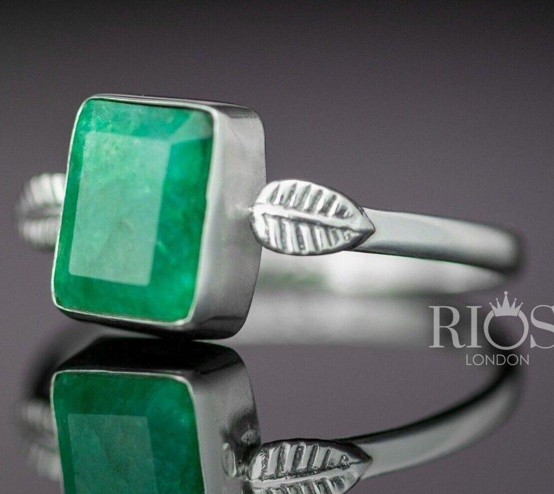 925 Sterling Silver Emerald Facet Cut Cushion Green Gemstone Ring Gift Boxed