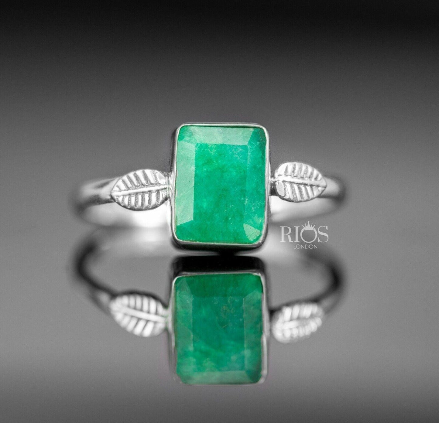 925 Sterling Silver Emerald Facet Cut Cushion Green Gemstone Ring Gift Boxed