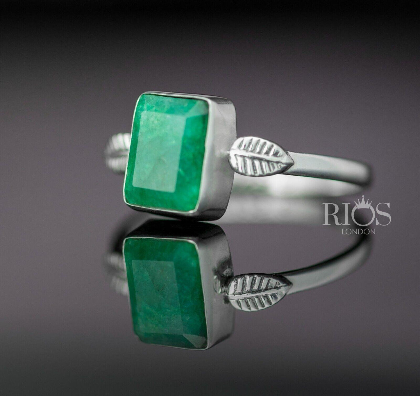 925 Sterling Silver Emerald Facet Cut Cushion Green Gemstone Ring Gift Boxed