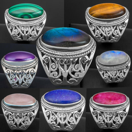 925 Sterling Silver Floral LABRADORITE Oval Gemstone Chunky Ring Gift Boxed - Rios London