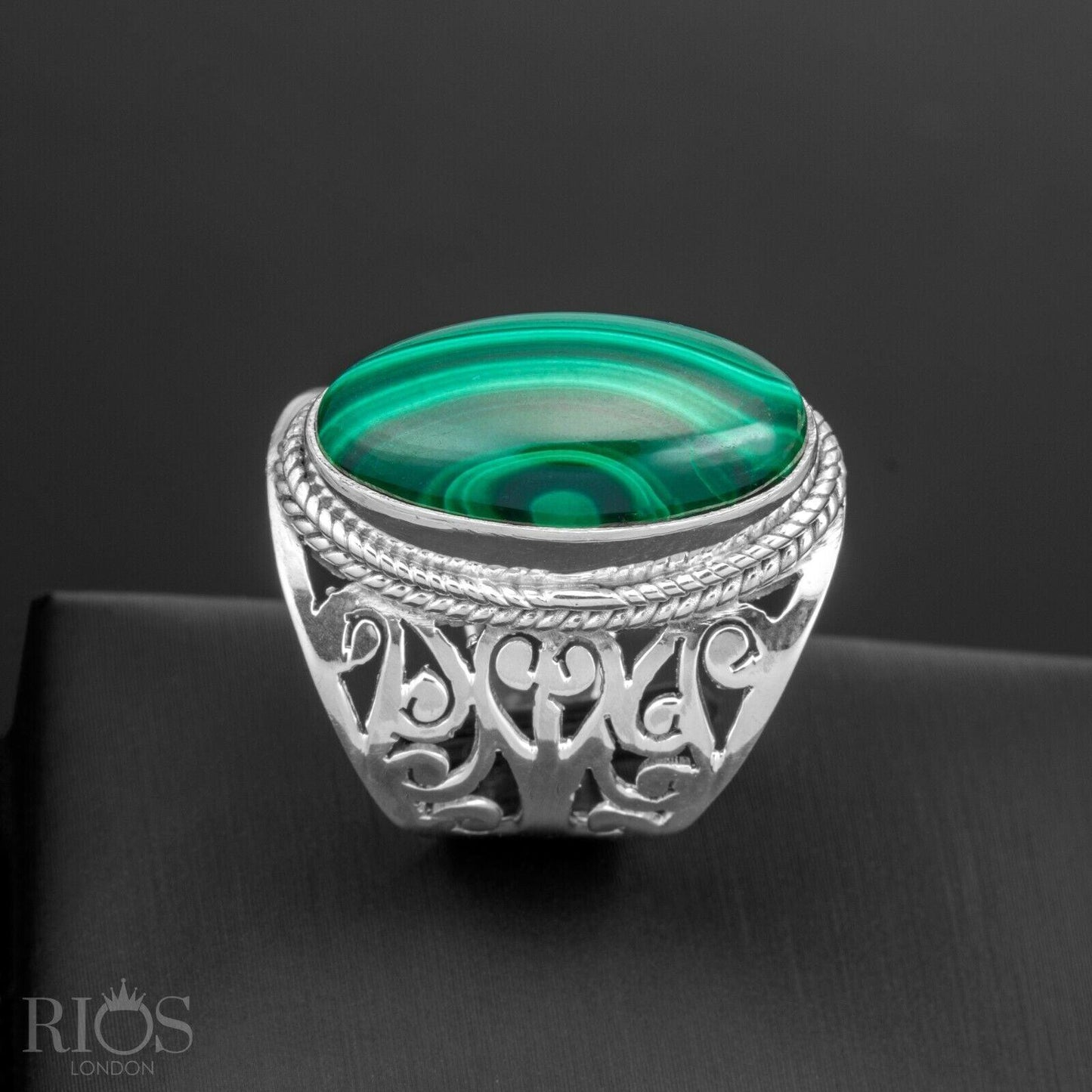 925 Sterling Silver Floral LABRADORITE Oval Gemstone Chunky Ring Gift Boxed - Rios London