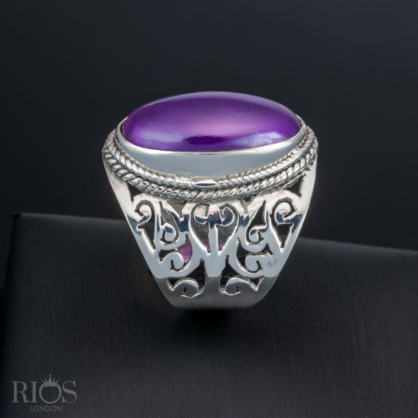 925 Sterling Silver Floral LABRADORITE Oval Gemstone Chunky Ring Gift Boxed - Rios London
