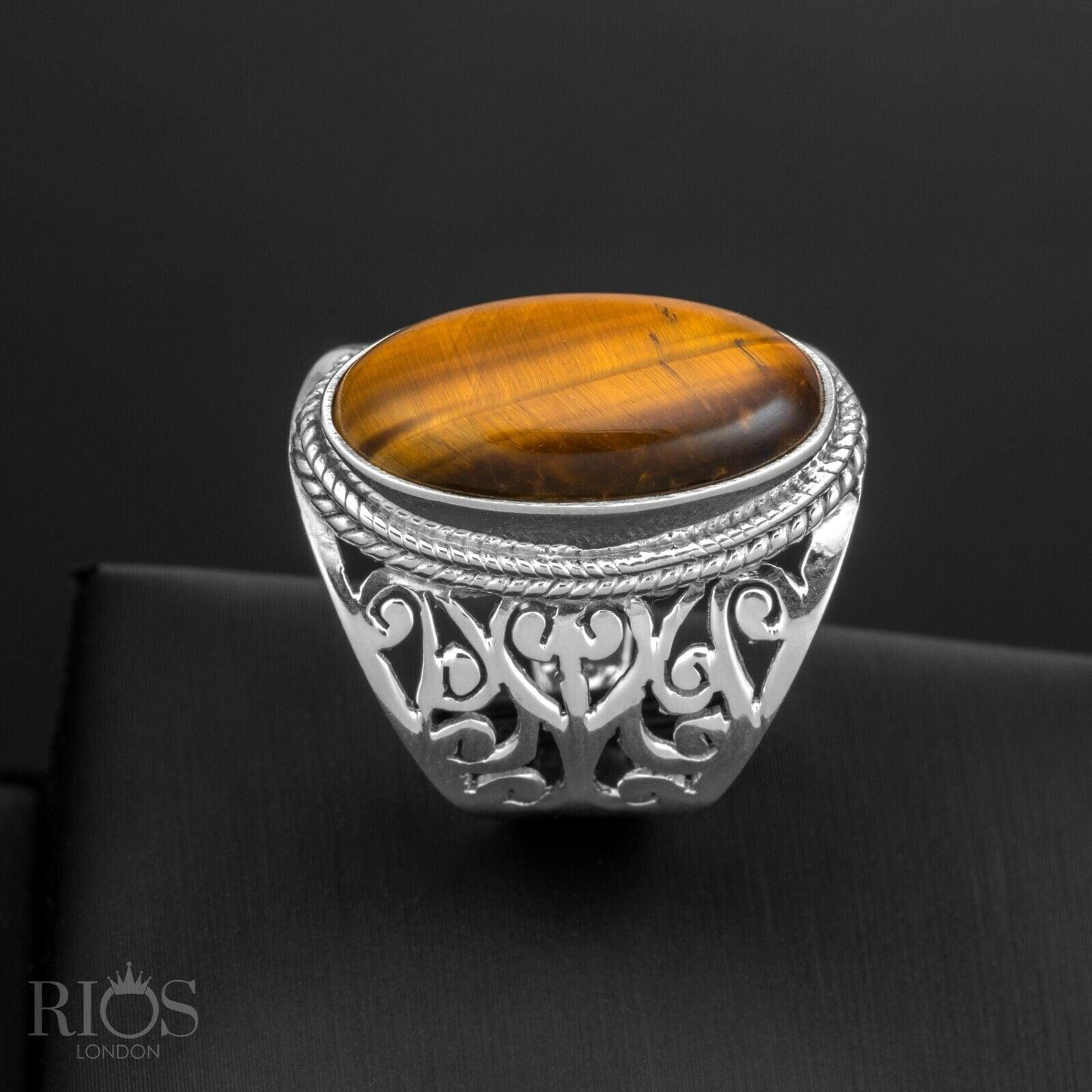 925 Sterling Silver Floral LABRADORITE Oval Gemstone Chunky Ring Gift Boxed - Rios London