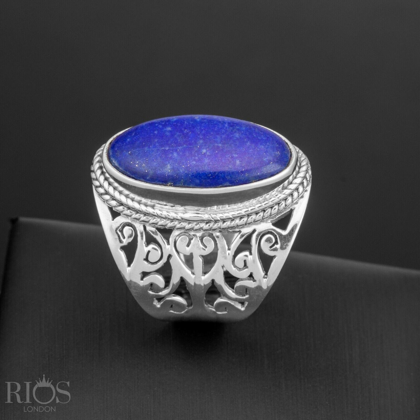 925 Sterling Silver Floral LABRADORITE Oval Gemstone Chunky Ring Gift Boxed - Rios London