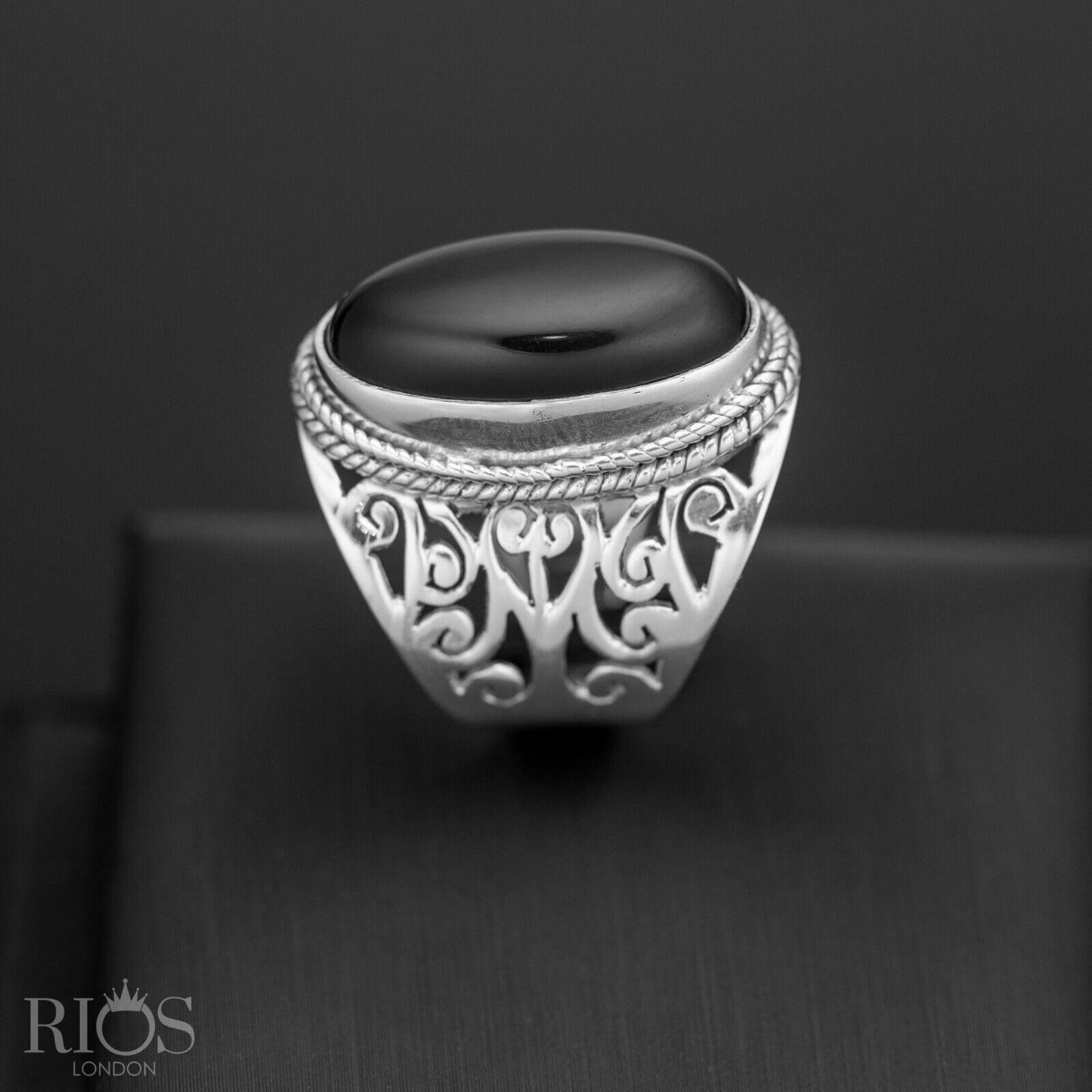 925 Sterling Silver Floral LABRADORITE Oval Gemstone Chunky Ring Gift Boxed - Rios London
