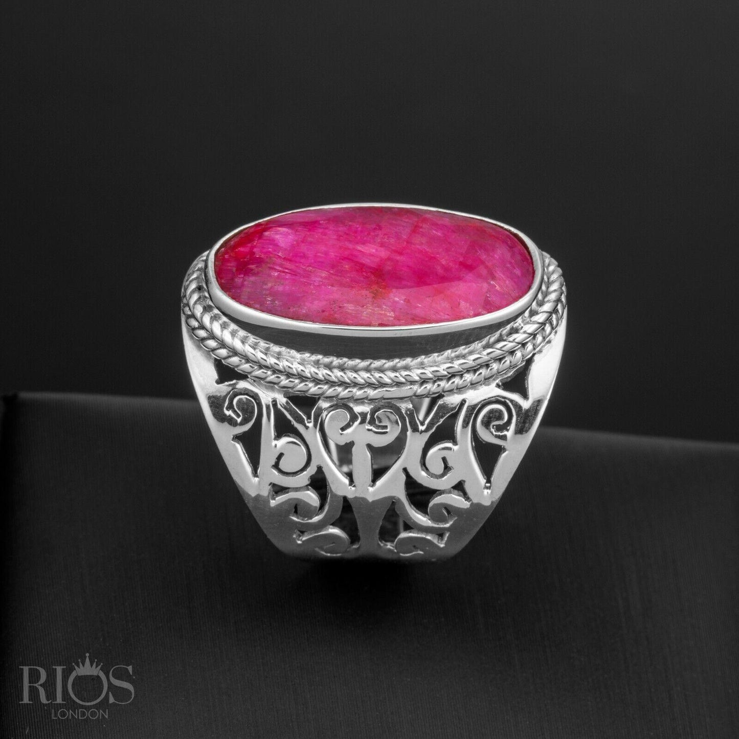 925 Sterling Silver Floral LABRADORITE Oval Gemstone Chunky Ring Gift Boxed - Rios London