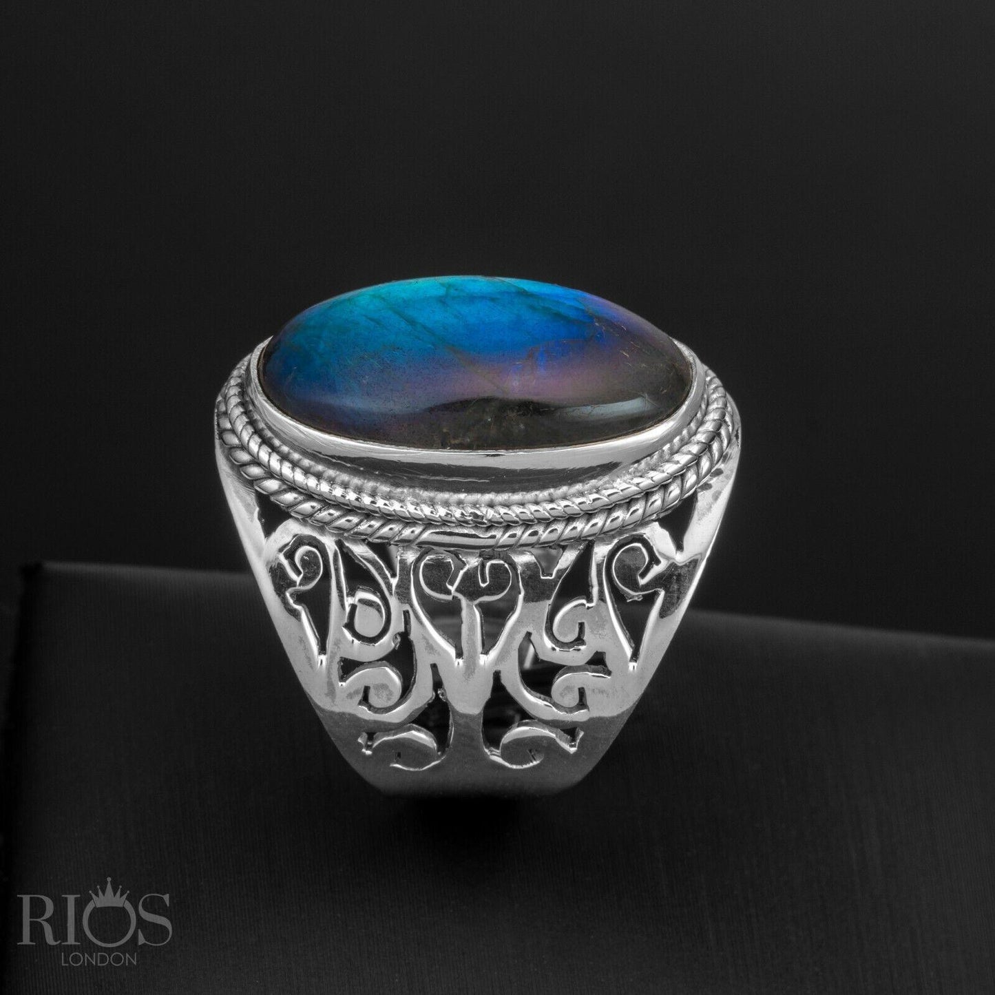 925 Sterling Silver Floral LABRADORITE Oval Gemstone Chunky Ring Gift Boxed - Rios London