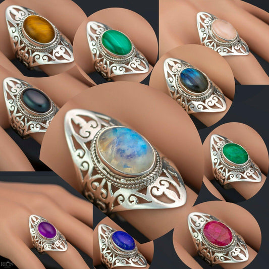 925 Sterling Silver Floral MOONSTONE Oval Gemstone Long Big Ring Gift Boxed