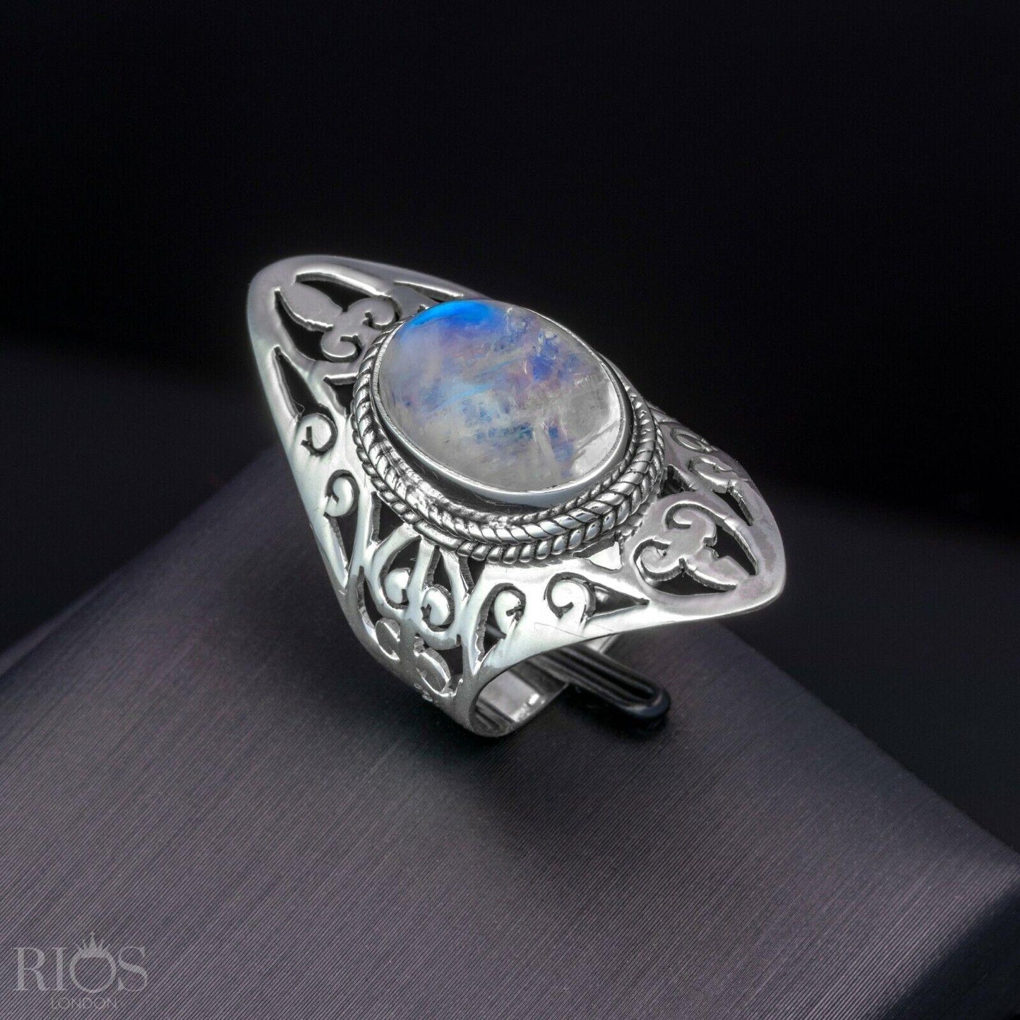 925 Sterling Silver Floral MOONSTONE Oval Gemstone Long Big Ring Gift Boxed