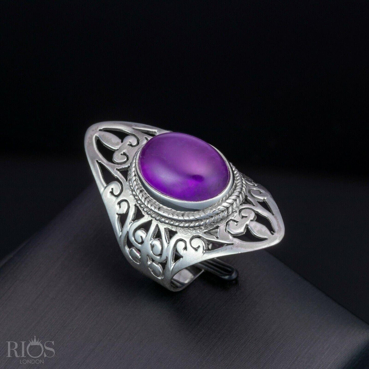 925 Sterling Silver Floral MOONSTONE Oval Gemstone Long Big Ring Gift Boxed