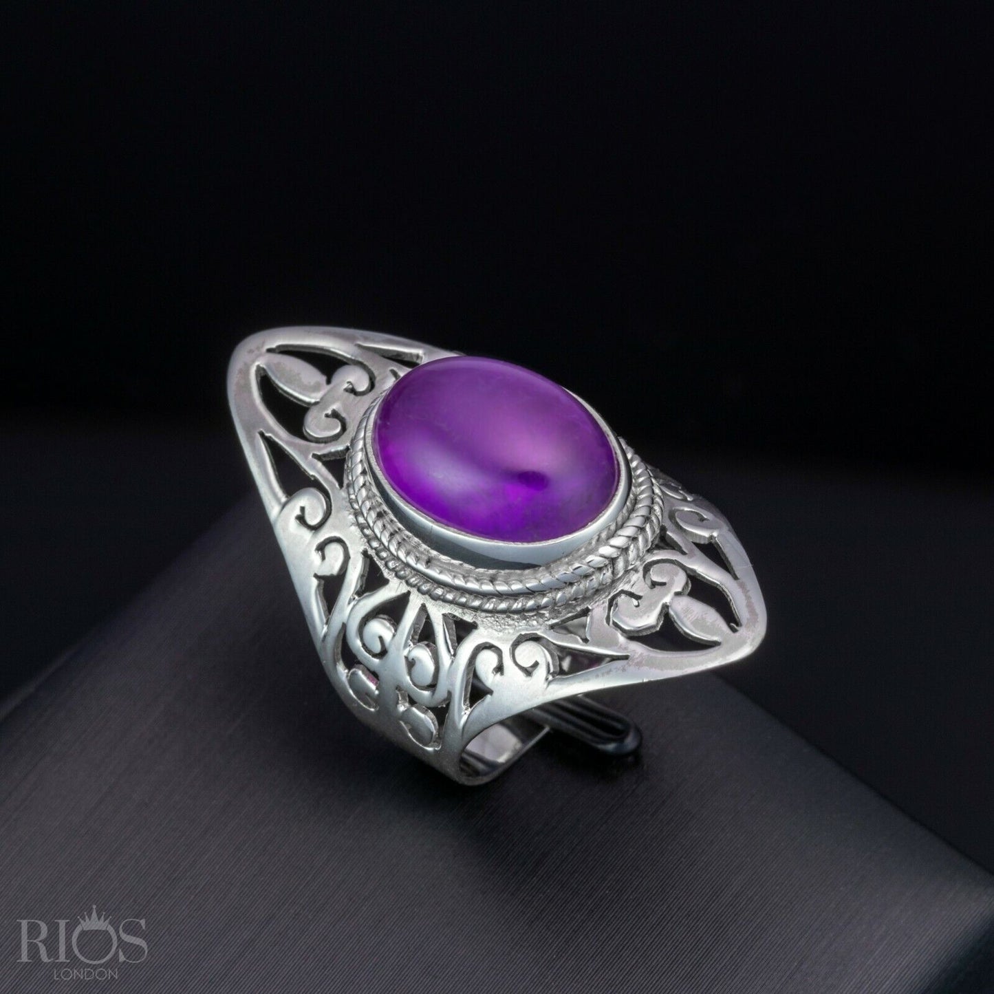 925 Sterling Silver Floral MOONSTONE Oval Gemstone Long Big Ring Gift Boxed