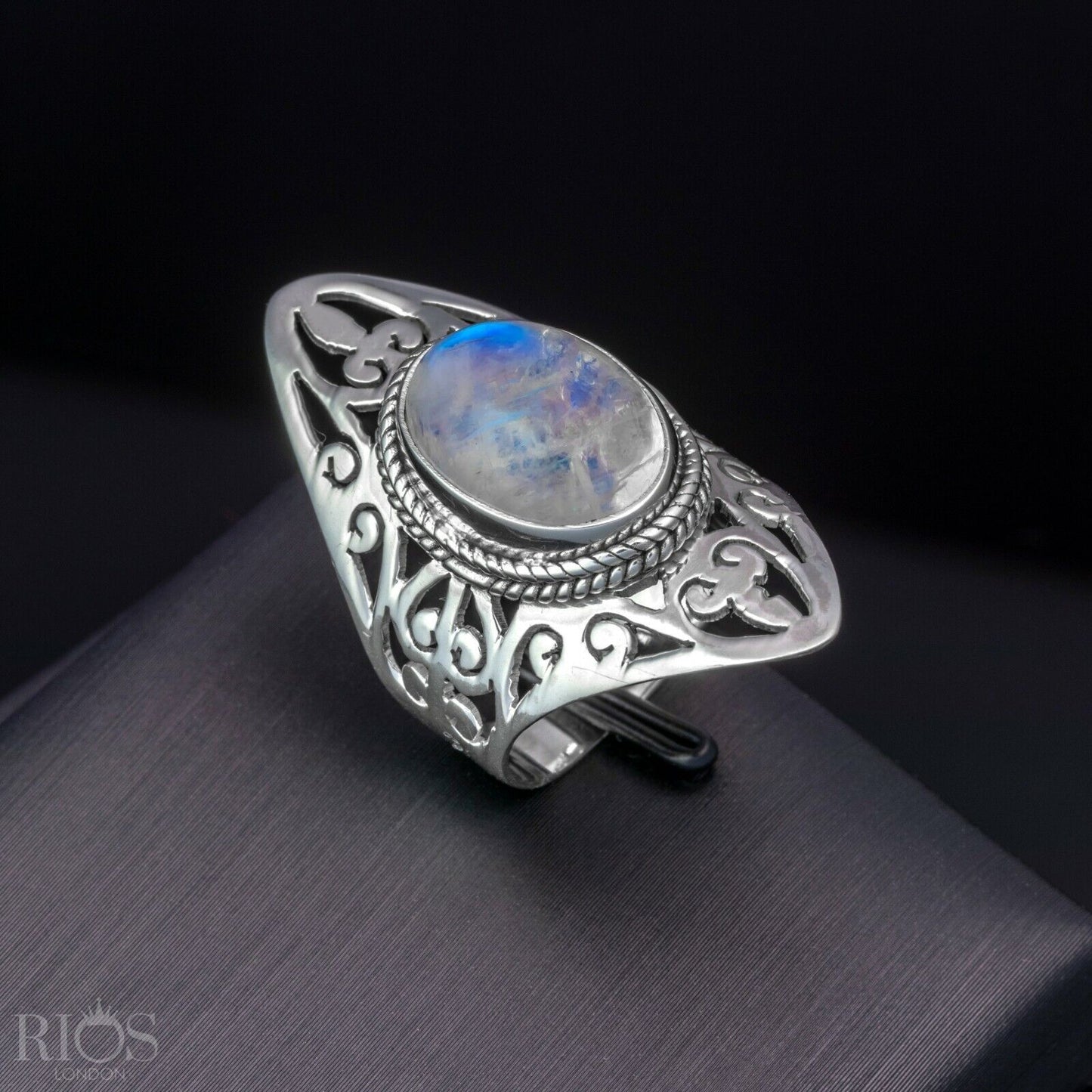 925 Sterling Silver Floral MOONSTONE Oval Gemstone Long Big Ring Gift Boxed