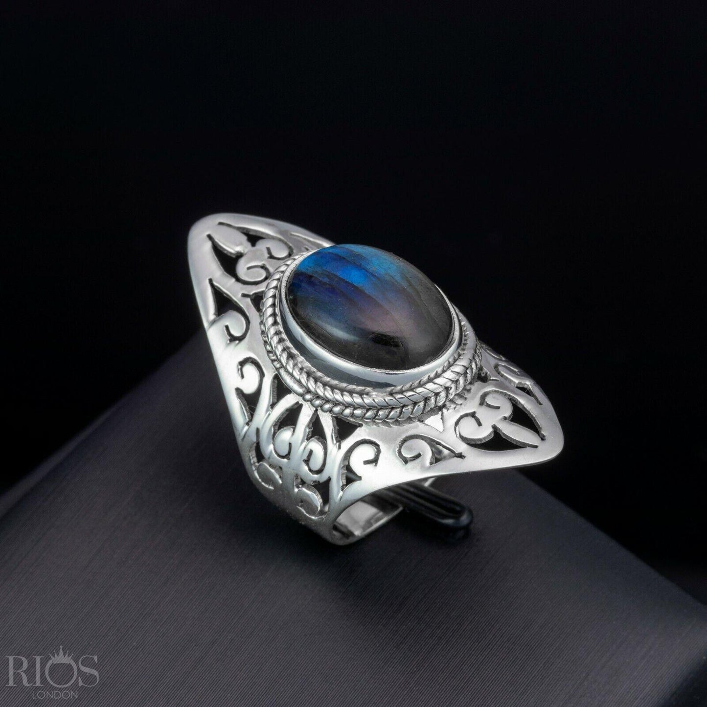 925 Sterling Silver Floral MOONSTONE Oval Gemstone Long Big Ring Gift Boxed