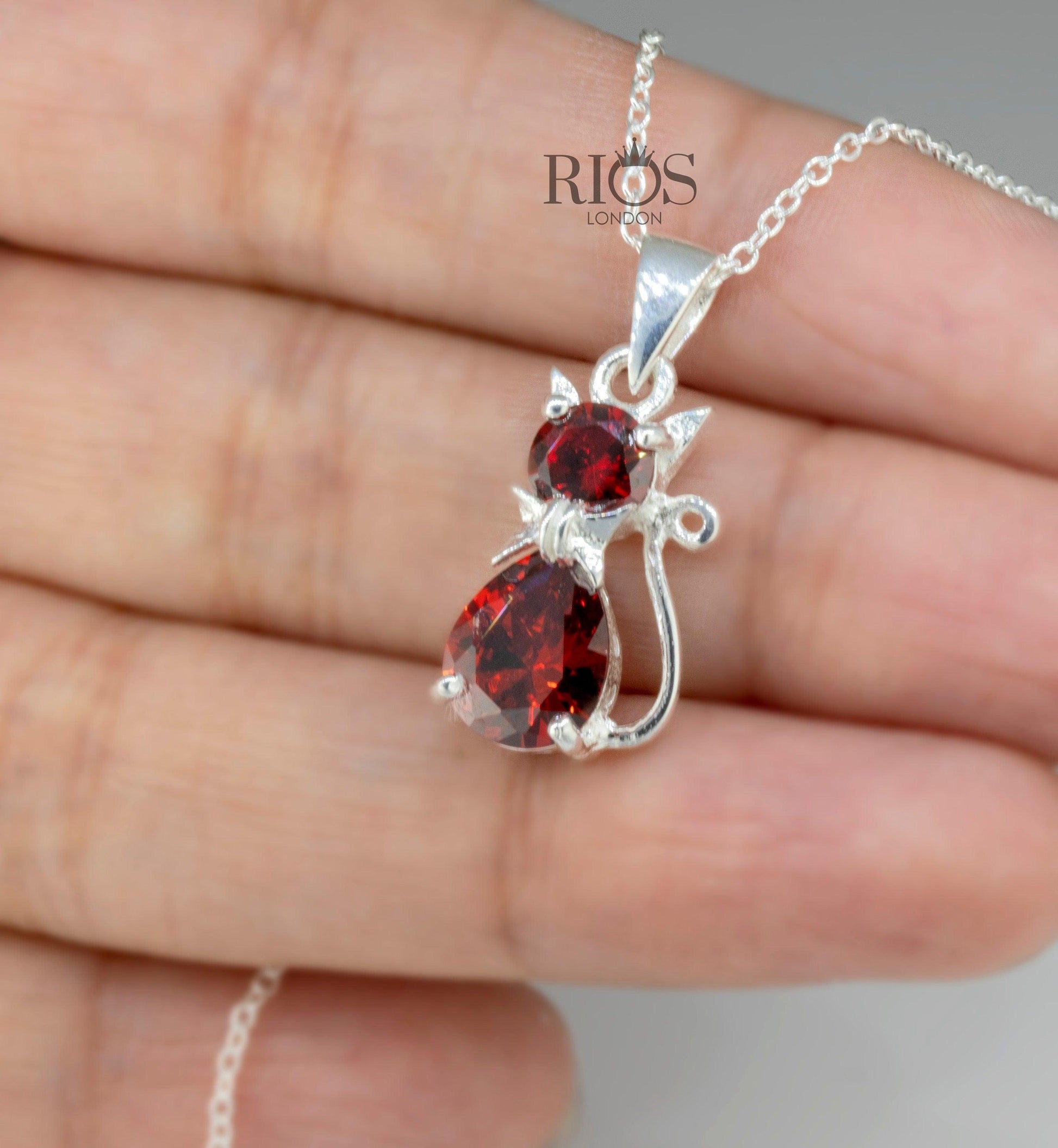 925 Sterling Silver Garnet Gemstone Necklace - Red Cat Pendant stone Chain jewellery- Boho jewelry - Rios London