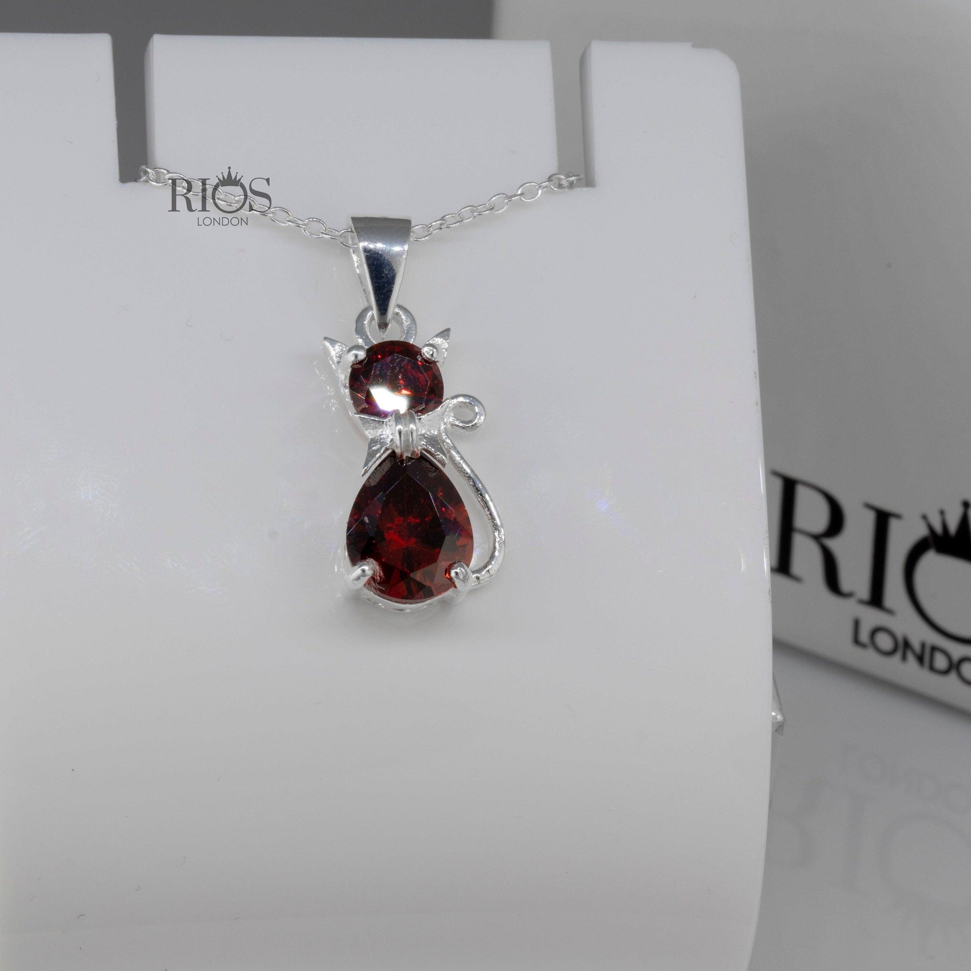 925 Sterling Silver Garnet Gemstone Necklace - Red Cat Pendant stone Chain jewellery- Boho jewelry - Rios London