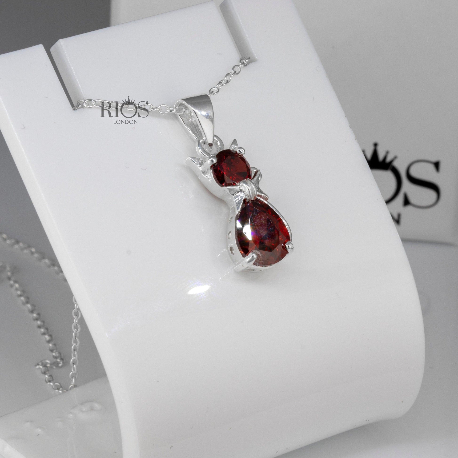 925 Sterling Silver Garnet Gemstone Necklace - Red Cat Pendant stone Chain jewellery- Boho jewelry - Rios London
