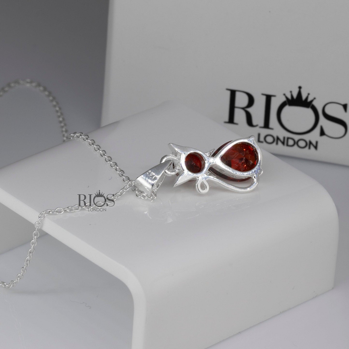 925 Sterling Silver Garnet Gemstone Necklace - Red Cat Pendant stone Chain jewellery- Boho jewelry - Rios London