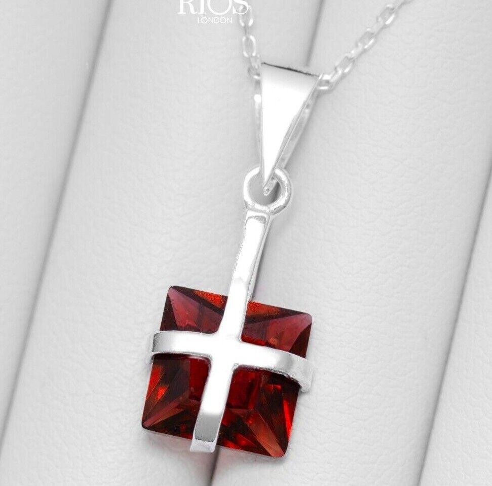 925 Sterling Silver Garnet Ribbon Design Necklace Lab-Created Gemstone Boxed