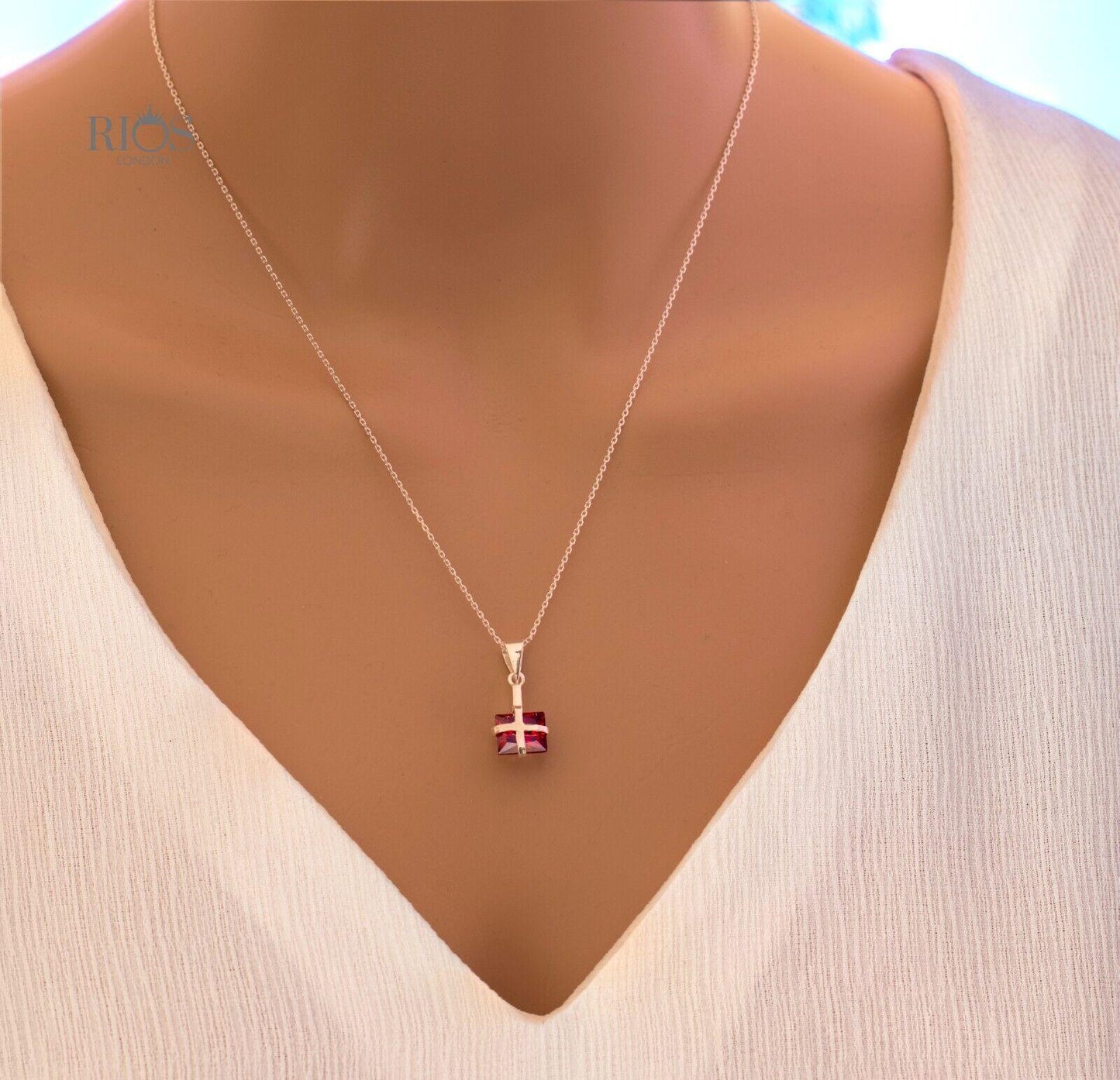925 Sterling Silver Garnet Ribbon Design Necklace Lab-Created Gemstone Boxed