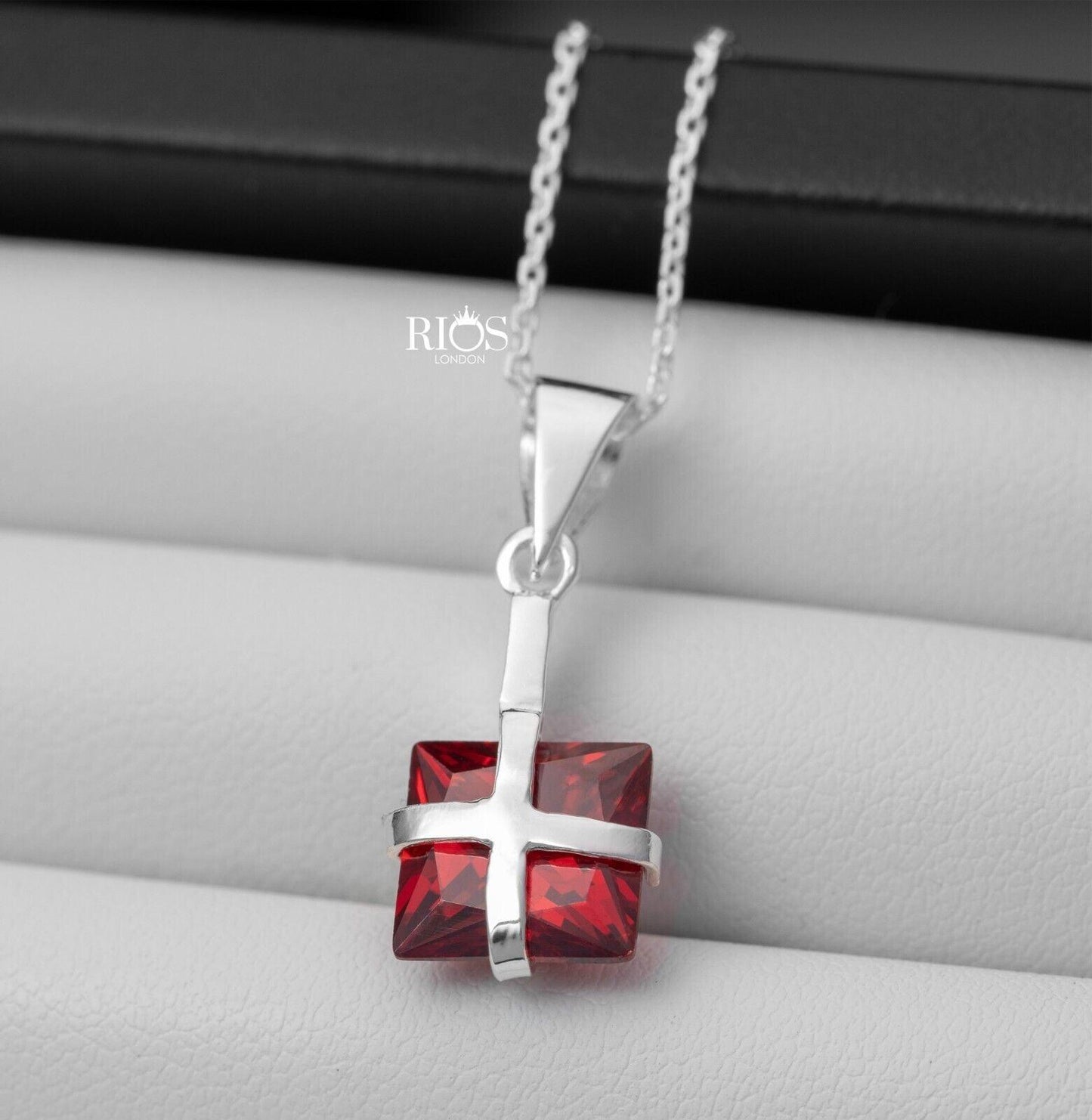 925 Sterling Silver Garnet Ribbon Design Necklace Lab-Created Gemstone Boxed