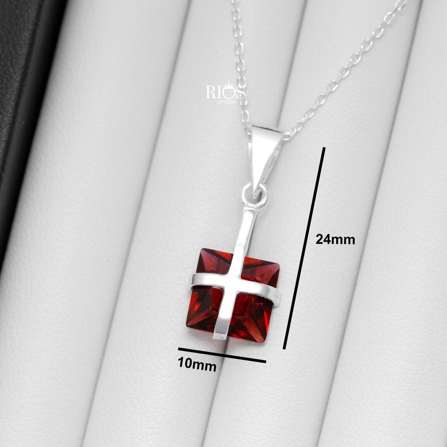 925 Sterling Silver Garnet Ribbon Design Necklace Lab-Created Gemstone Boxed