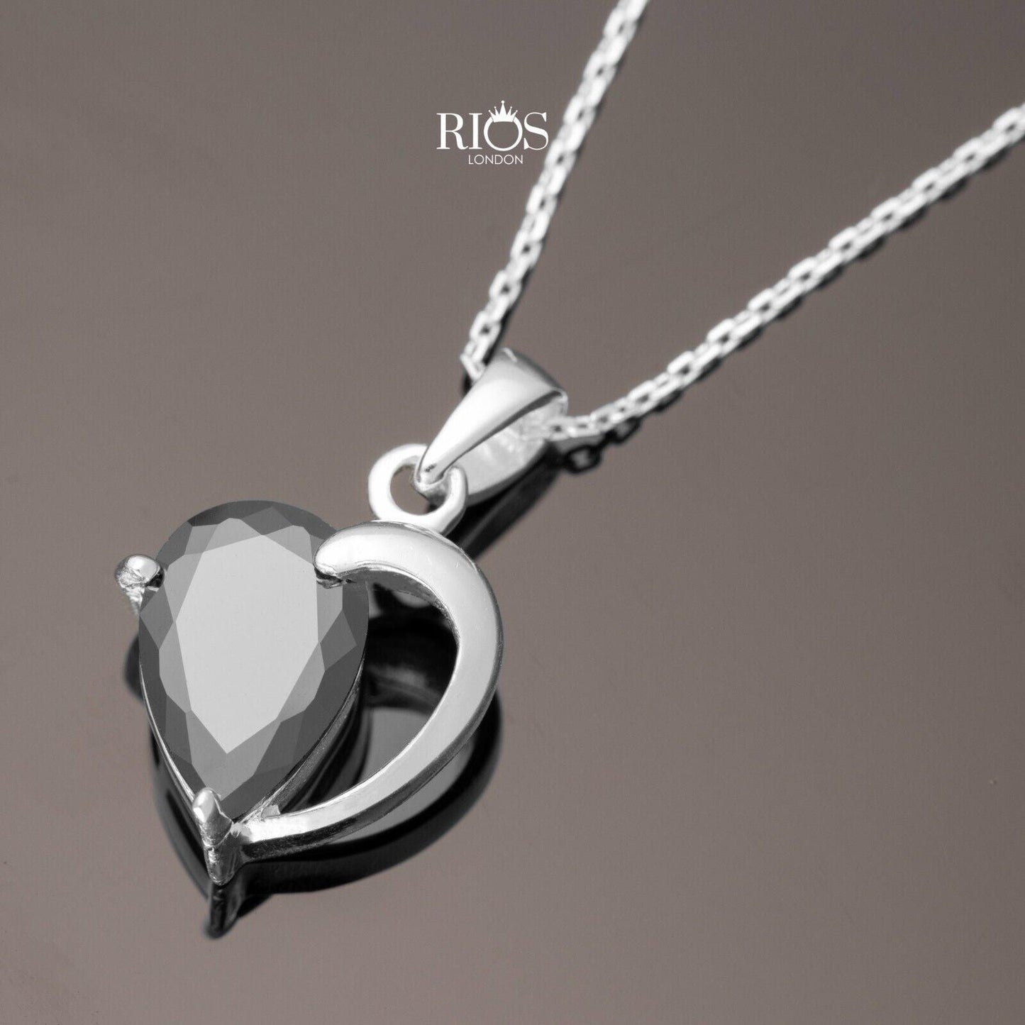 925 Sterling Silver Heart Black Onyx Lab-Created Gemstone Necklace Gift Boxed - Rios London