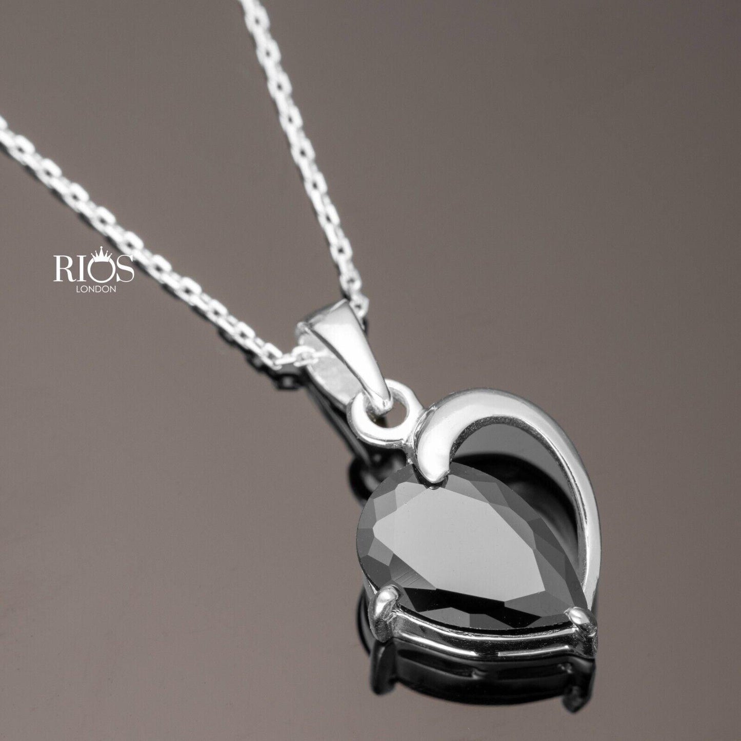 925 Sterling Silver Heart Black Onyx Lab-Created Gemstone Necklace Gift Boxed - Rios London