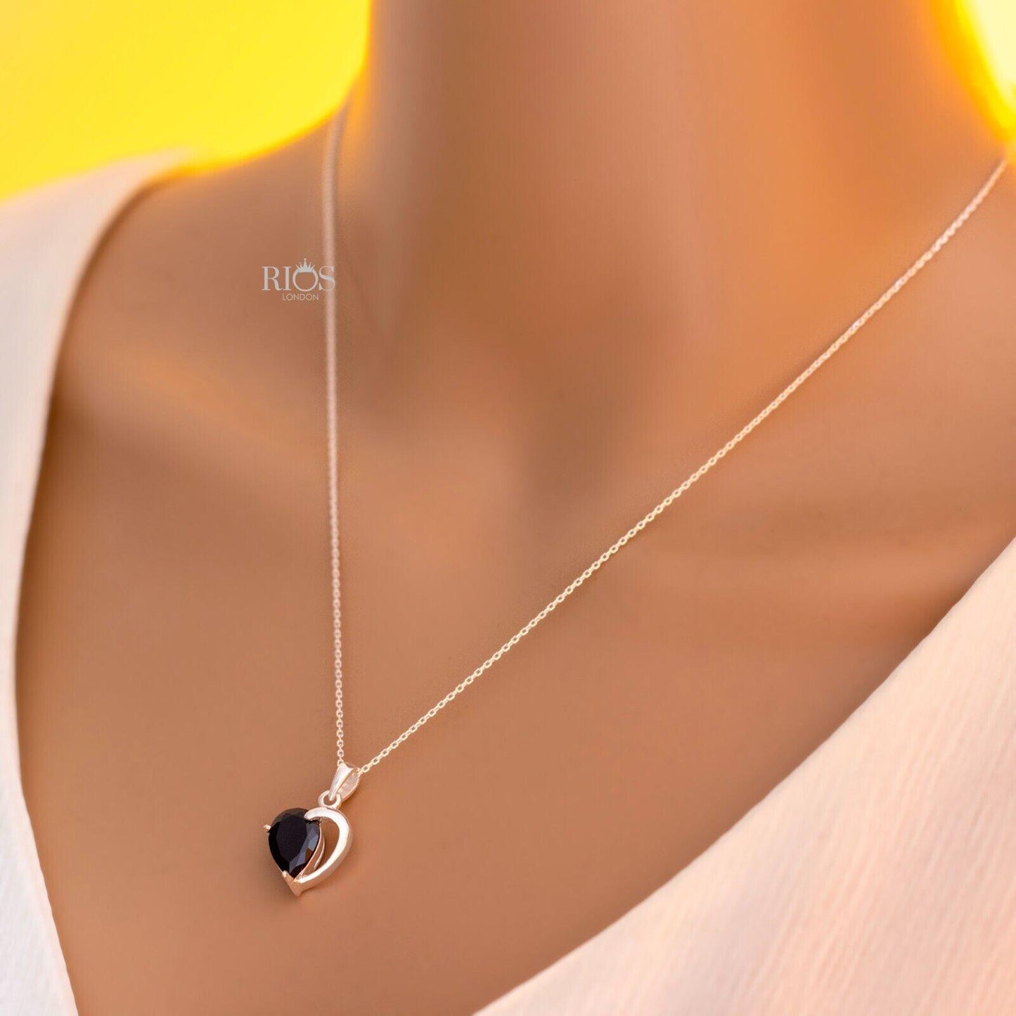 925 Sterling Silver Heart Black Onyx Lab-Created Gemstone Necklace Gift Boxed - Rios London