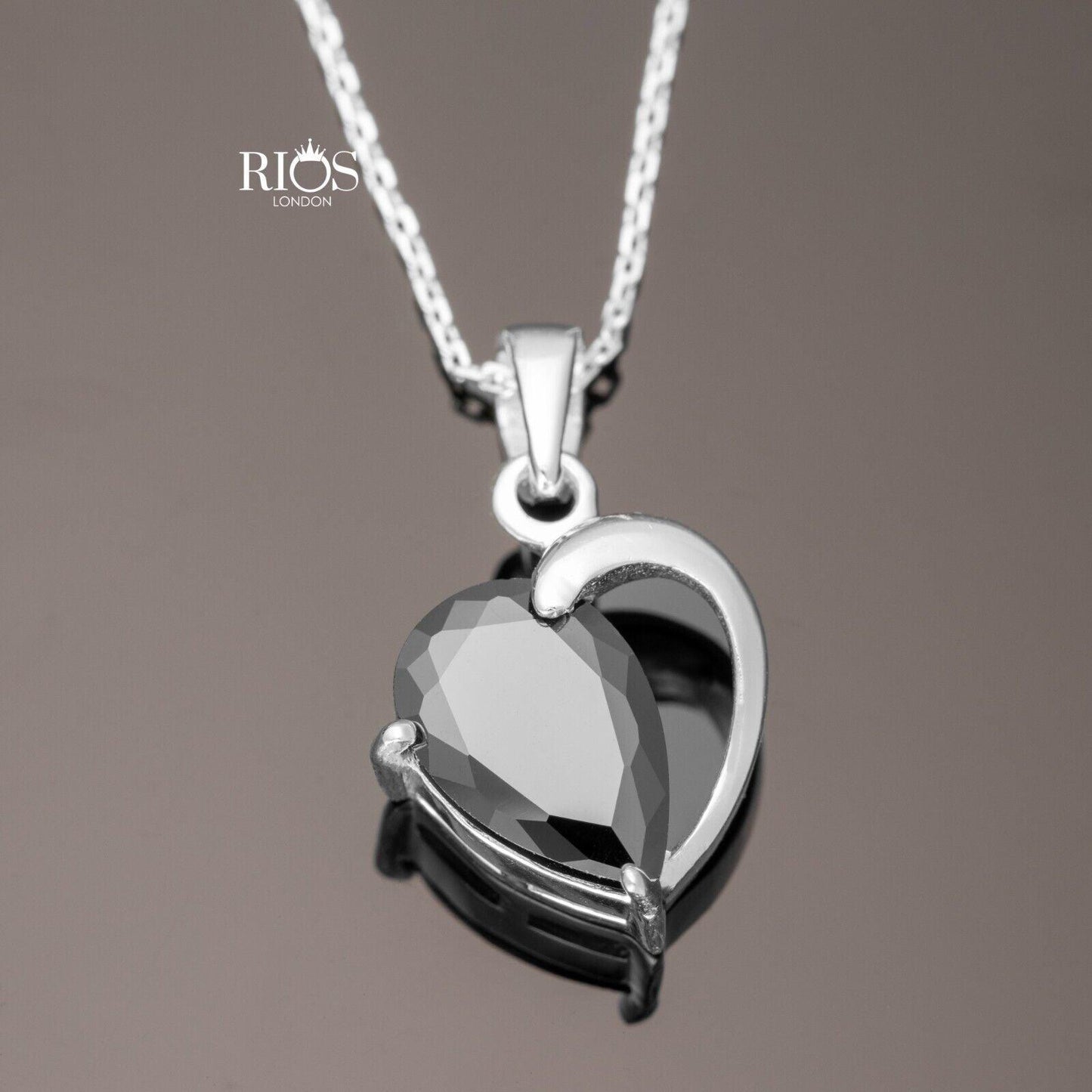 925 Sterling Silver Heart Black Onyx Lab-Created Gemstone Necklace Gift Boxed - Rios London