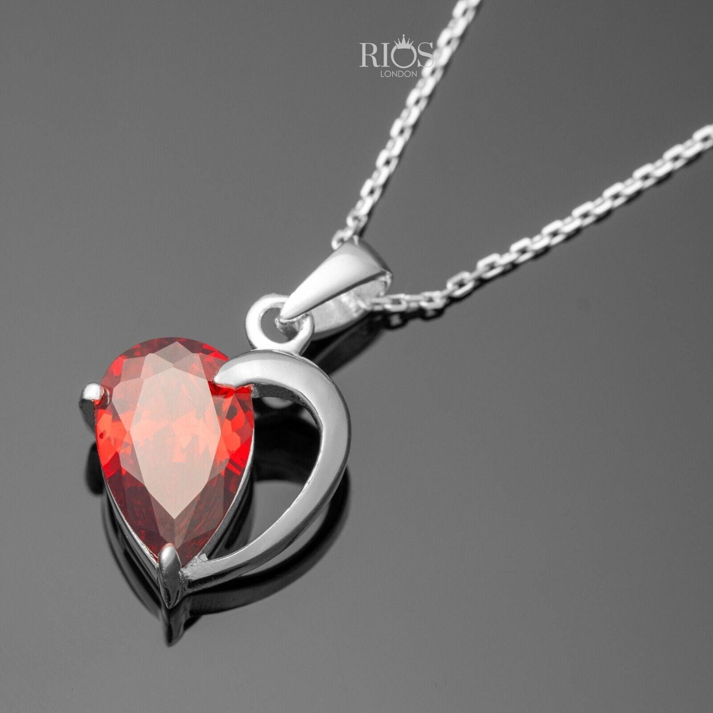 925 Sterling Silver Heart Red Garnet Lab-Created Gemstone Necklace Gift Boxed - Rios London
