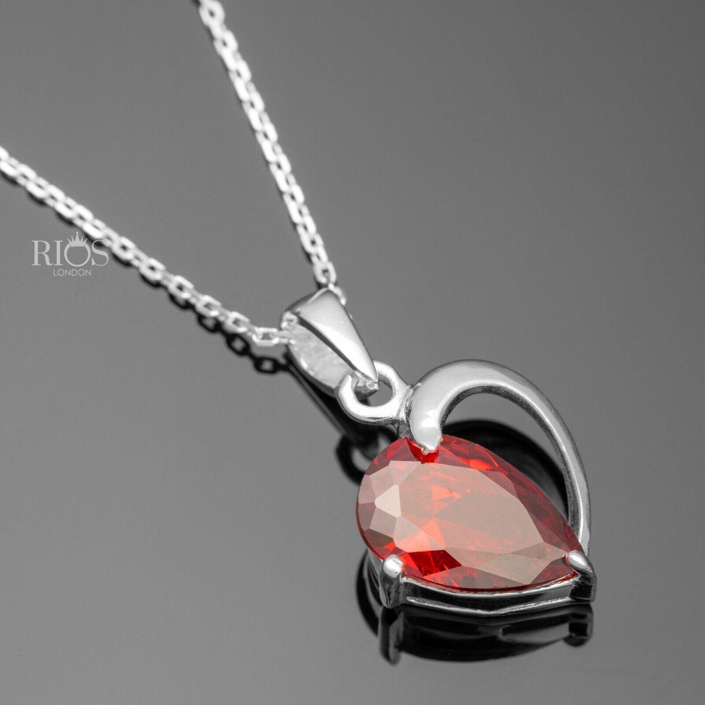 925 Sterling Silver Heart Red Garnet Lab-Created Gemstone Necklace Gift Boxed - Rios London