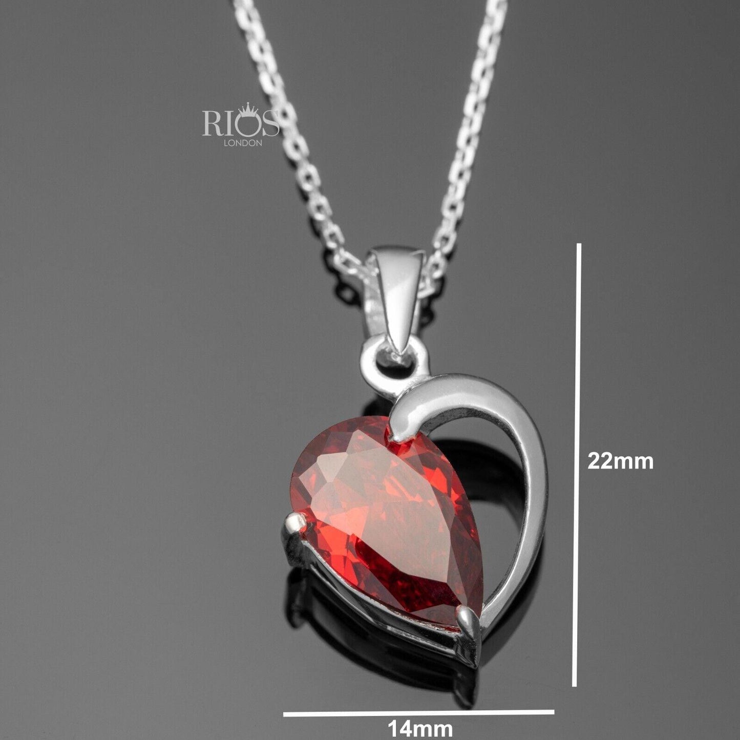 925 Sterling Silver Heart Red Garnet Lab-Created Gemstone Necklace Gift Boxed - Rios London