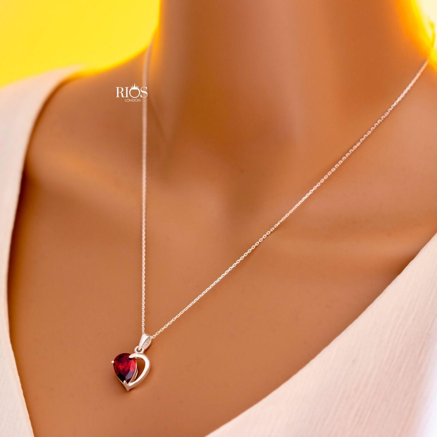 925 Sterling Silver Heart Red Garnet Lab-Created Gemstone Necklace Gift Boxed - Rios London