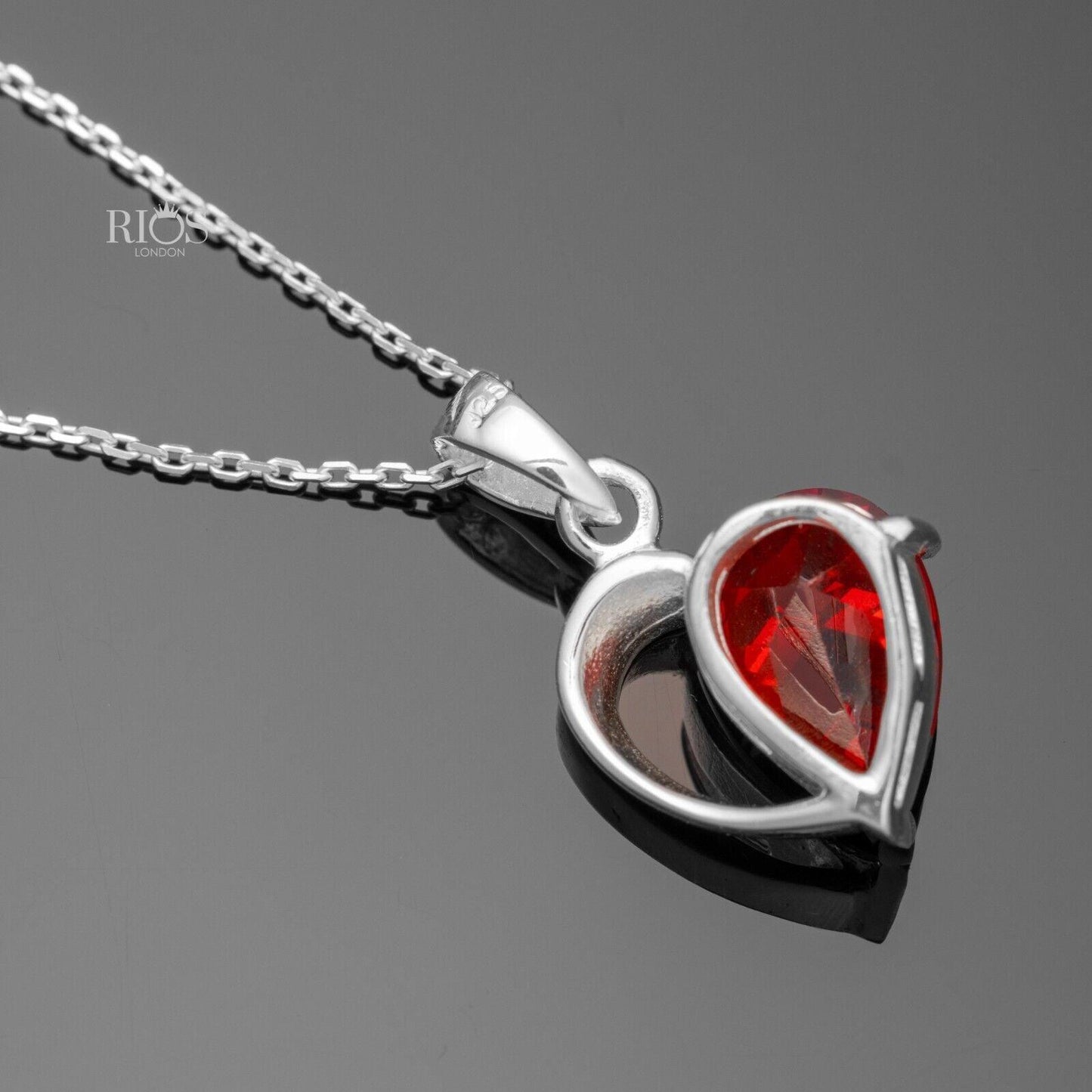 925 Sterling Silver Heart Red Garnet Lab-Created Gemstone Necklace Gift Boxed - Rios London