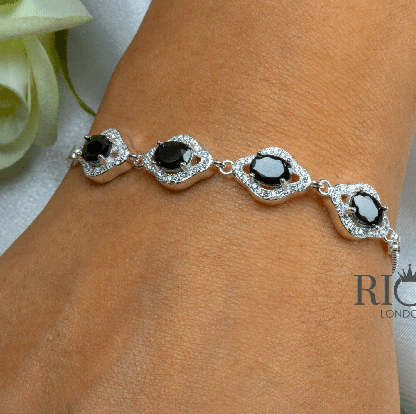 925 Sterling Silver Ladies Oval Black Onyx Lab-Created Bracelet Gift Boxed - Rios London