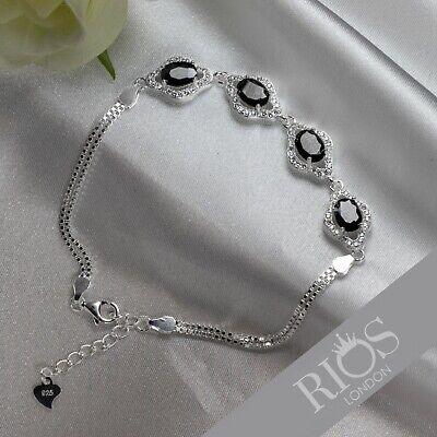 925 Sterling Silver Ladies Oval Black Onyx Lab-Created Bracelet Gift Boxed - Rios London