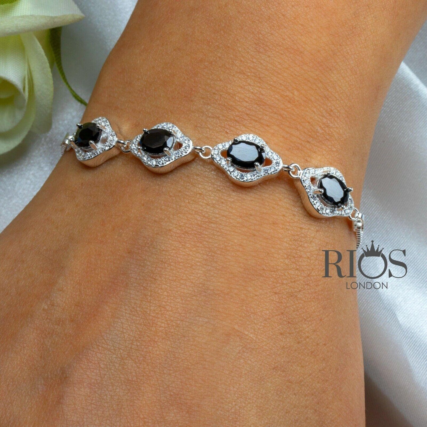 925 Sterling Silver Ladies Oval Black Onyx Lab-Created Bracelet Gift Boxed - Rios London